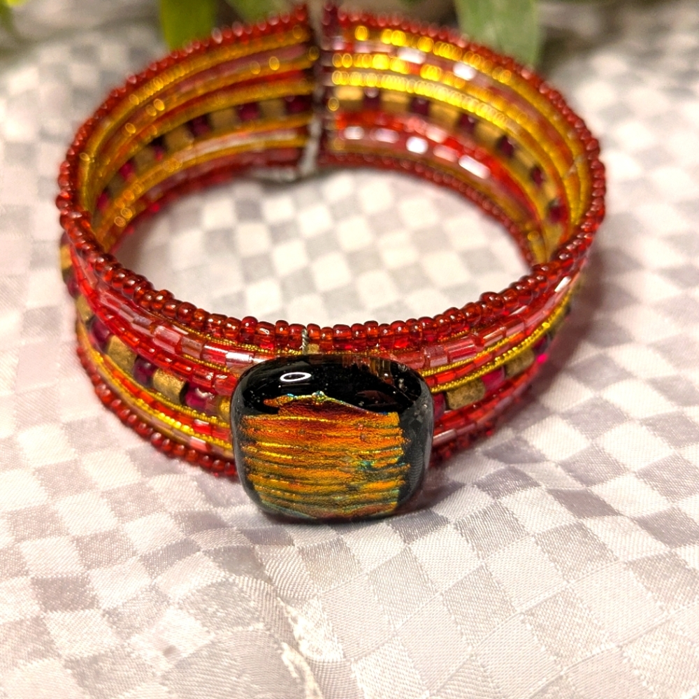 Dichroic Glass And Beaded Cuff Bracelet